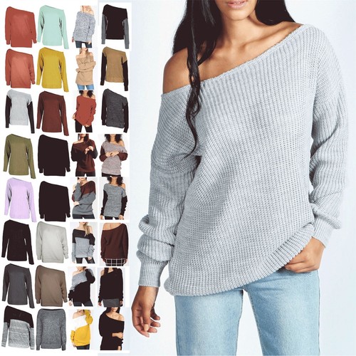 Womens Off the Shoulder Chunky Knit Jumper Ladies Oversized Baggy Sweater  Top | eBay