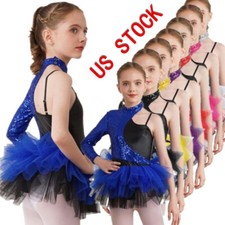 Girls Sequins Asymmetrical Sleeves Ballet Leotard Jazz Modern Dance Dress
