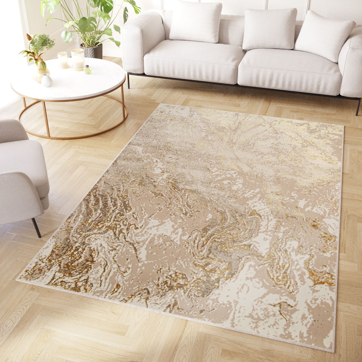 Teppich Kurzflor Glänzend Beige Gold Marmoreffekt Wohnzimmer Modern ÖKO-TEX