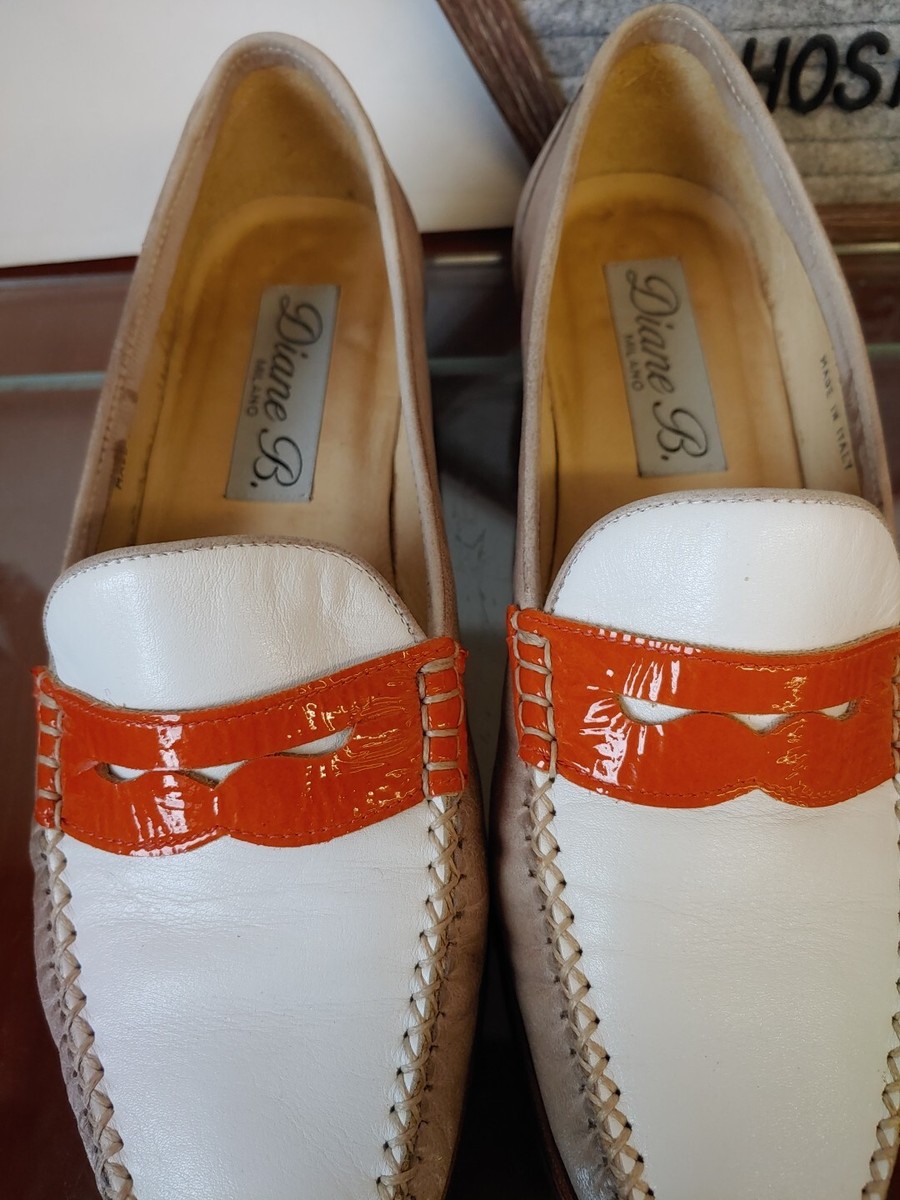 Diane Milano Italian-Made Tan White Orange Leather Penny Loafers Sz 38  /US