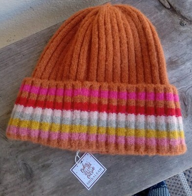 NWT Orange Ribbed  Striped Beanie Knit Hat/ Shiraleah Chicago/stretchy
