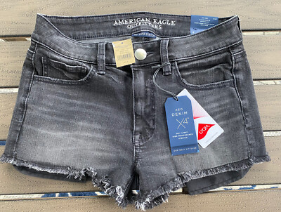 American Eagle HI RISE SHORTIE AEO DENIM X4 360 SUPER STRETCH SHORTS BLACK SZ 6