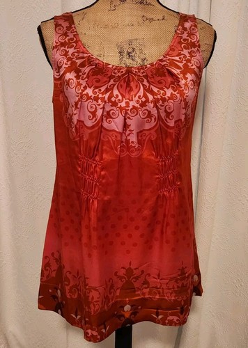 Cabi Women's S Red Colorful Satin Sleeveless Pleated Silk Top