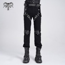 Devil Fashion Men Black Gothic Punk Trousers Studded Faux Leather Splicing Pants