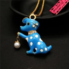 Fashion Women Lovely Pearl Blue Spot Crystal Enamel Dog Pendant Chain Necklace