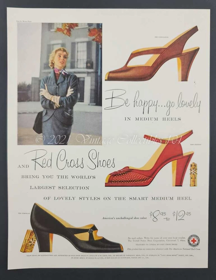 Zapatos Cruz Roja 1952 tacón medio moda bombas foto arte decoración vintage impresión anuncio Foto 2 de 4