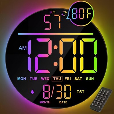10 In Large Digital Wall Clock Seconds Timer LED RGB Color DST Temperature