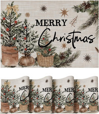 Holly Pine Cone Vinyl Placemats Set of 4, 12x18 Inch Washable Winter Decor