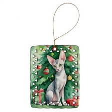 Oriental Shorthair Cat By the Christmas Tree Porcelain Ornament DAC7241CO2