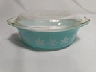 Vintage Pyrex Snowflake Turquoise Oval Casserole Dish W/Lid 043 1.5 Qt 1 1/2