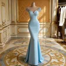 Sky Blue Mermaid Prom Dresses Caped Sleeves Backless Satin Beaded Evening Gowns