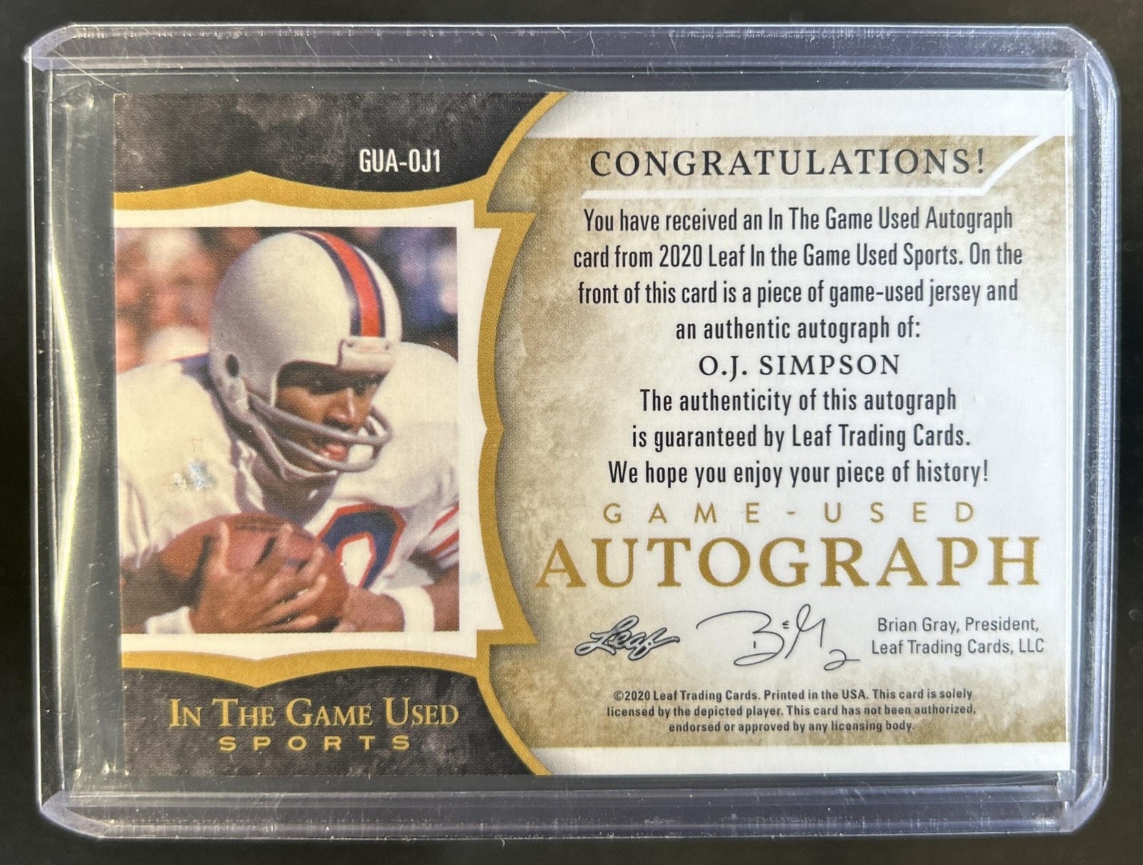 2020 Leaf In the Game Used O.J. Simpson Auto Platinum Blue Foil Jersey #/6 view 2