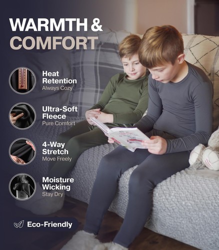 Thermal Underwear for Kids, Boys Base Layers Set for Skiing | Long Johns, Bla... - Picture 2 of 5