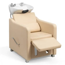 Reclining Shampoo Backwash Station: Ceramic Sink Bowl & Adjustable Leg Baffle