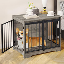 31.9" Dog Crate Furniture with Barn Door, Heavy Duty Dog Kennel Indoor with 2 Do
