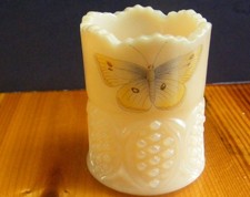 VINTAGE PINK MILK GLASS BUTTON TOOTHPICK HOLDER WITH BUTTERFLY DECOR