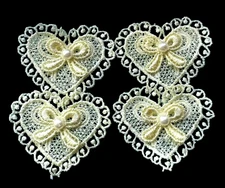 Yellow color Bow Heart Pearl appliques price for 4 hearts (size 2"W x 2"H)