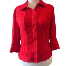 Preston & York Red Button Down Blouse Top Womens Sz 12 Sleeve Stitch Detail VGC