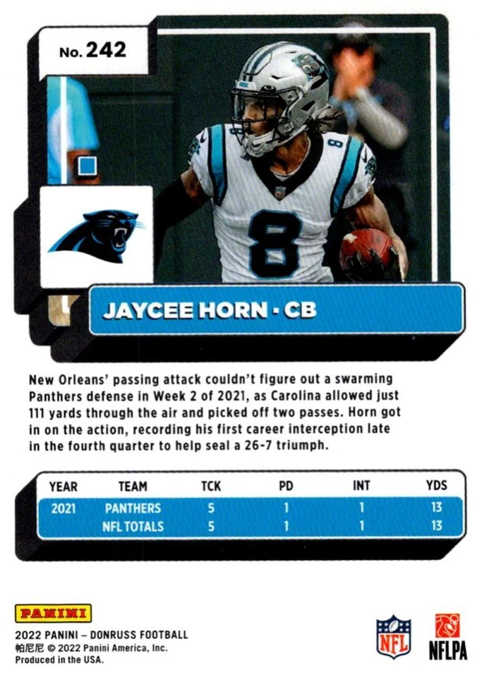 2022 Donruss Blue Press Proof Jaycee Horn Carolina Panthers #242 - Image 2 of 2