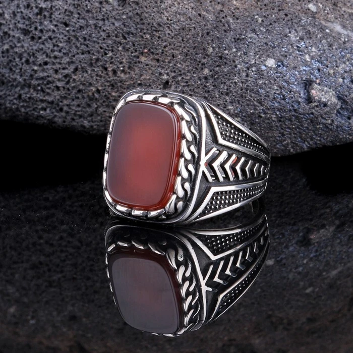 925 Sterling Silver Solid Gemstone Red Onyx Men's Ring Unique Onyx Gem Jewelry - Image 3 of 4