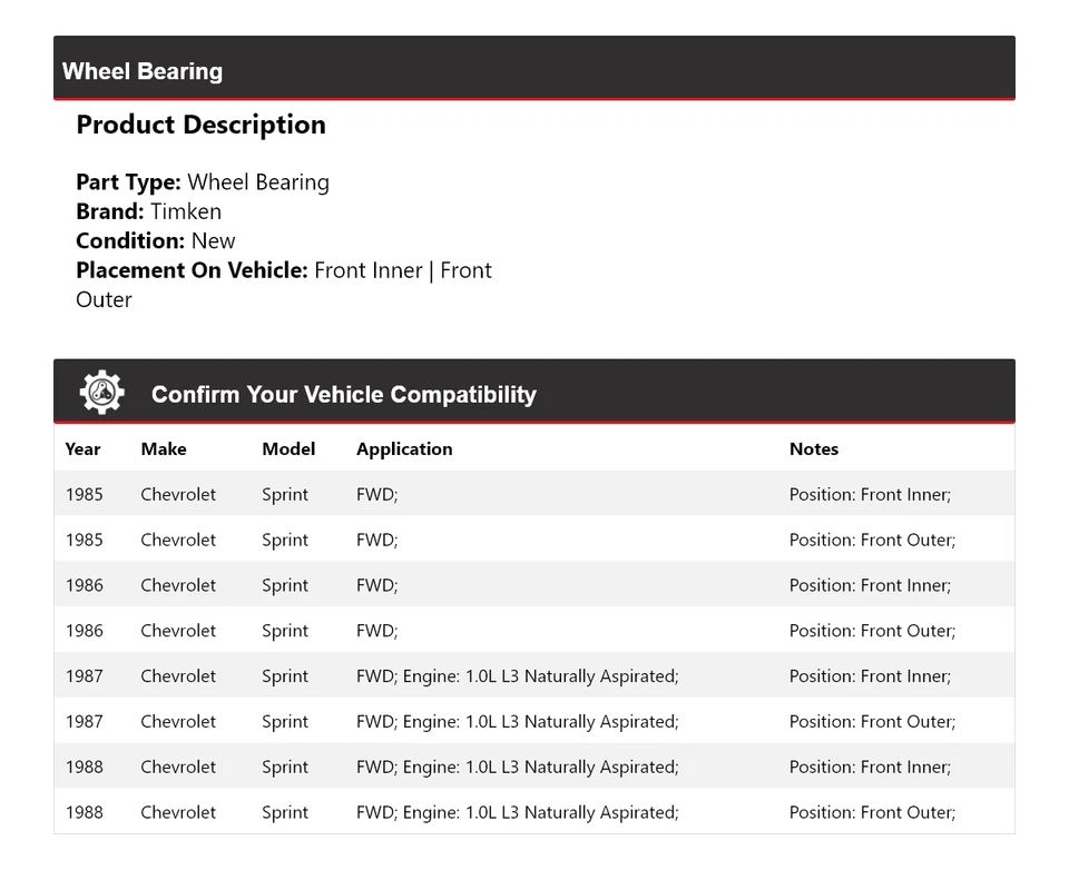 Cojinete de rueda Timken 1986 1987 tracción delantera para Chevrolet Sprint 1985-1988 Foto 2 de 4