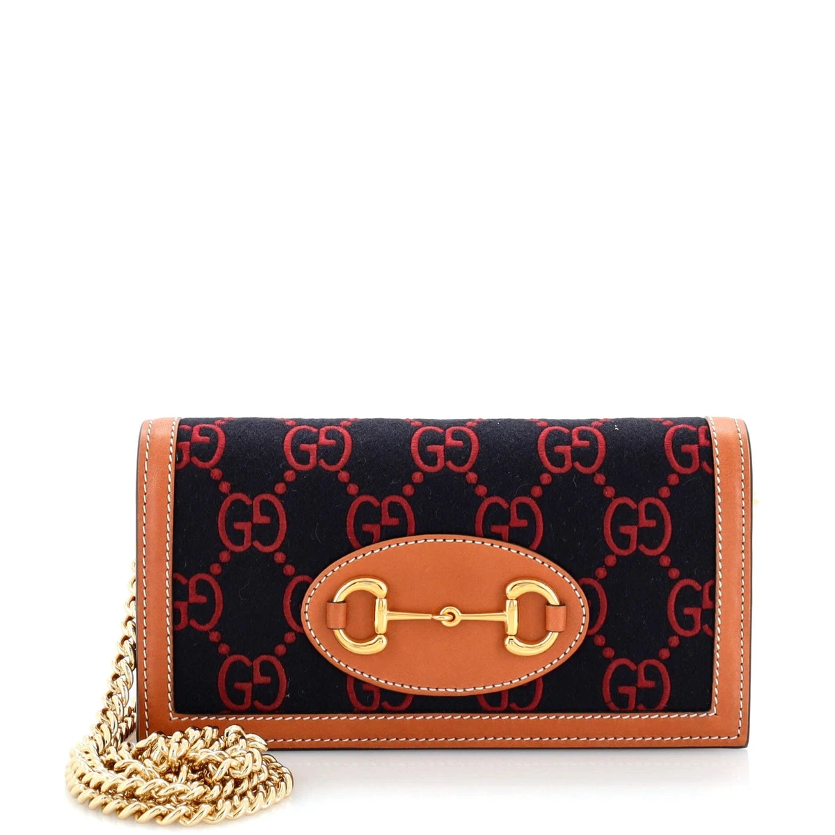Gucci Horsebit 1955 Chain Wallet GG Embroidered Flet Blue Brown