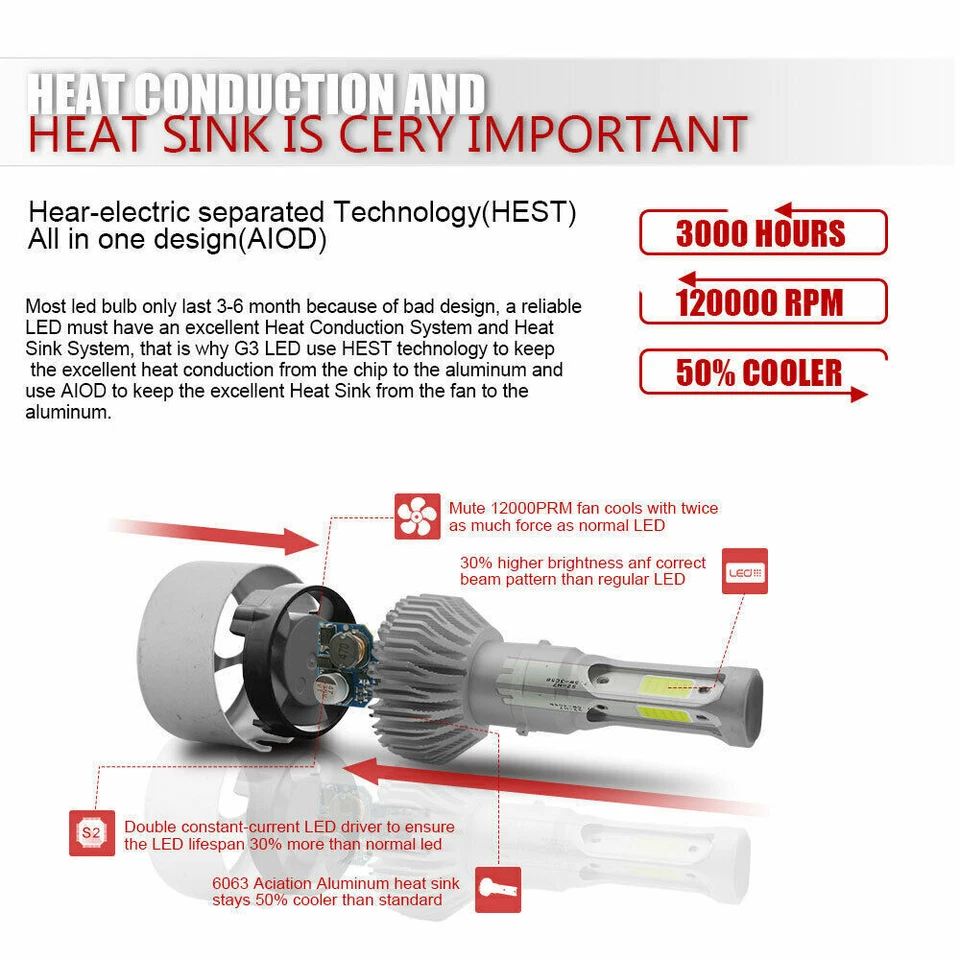 For Nissan Xterra 2000 2001 6000K LED Headlight High Low + Fog Light Bulbs Combo - Image 4 of 4