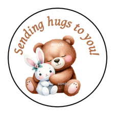 30 SENDING HUGS TO YOU ENVELOPE SEALS STICKERS LABELS TAGS 1.5" ROUND TEDDY BEAR