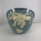VINTAGE 1930s WELLER POTTERY ART DECO HANDLED POT CAMEO ROSE SQUAT VASE BLUE 8"