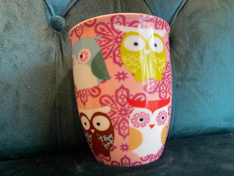 Taza de café de cerámica rosa Owls By Creative Tops 16 oz colorida usada en excelente estado Foto 2 de 3