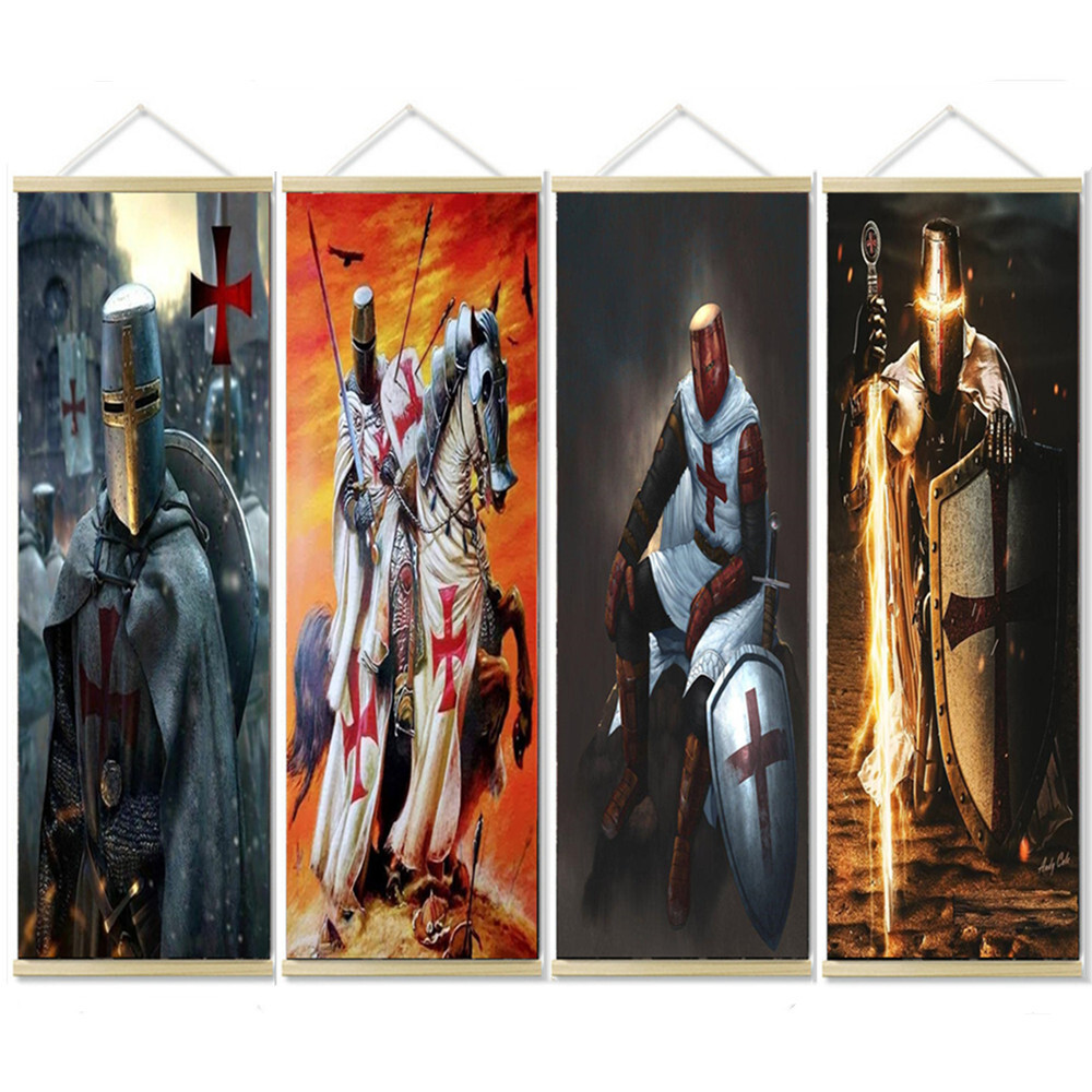 4 PCS Knights Templar Art Poster Wall Hanging Flag Armor Warrior Canvas Painting