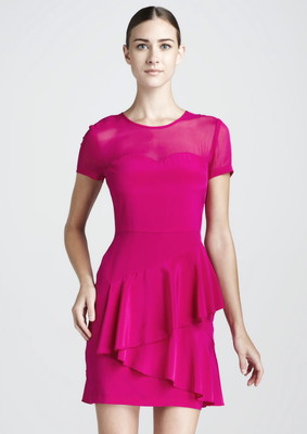 NWT $295 DKNY Stretch Silk Hot Pink Sweetheart Illusion Meshtop Ruffled  Dress P | eBay