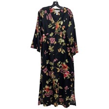 Oscar de la Renta Black Floral Caftan Robe Zip Front Kimono Sleeve Medium