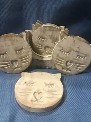 Wooden Cat Coasters With Caddy White Washed Handcrafted Set of 6 Cat Lovers Gift