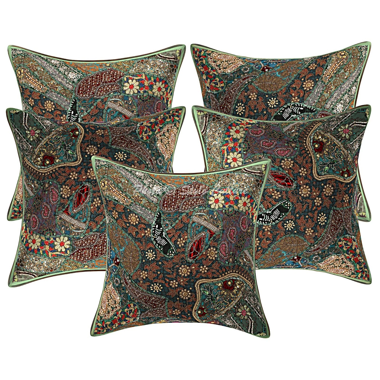 Decorative Cotton Throw Pillow Covers Beaded Patchwork Green Floral Home Decor