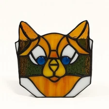 Cat Stained Glass Tea Light Pencil Holder Planter Unique Gift Desk Accessories