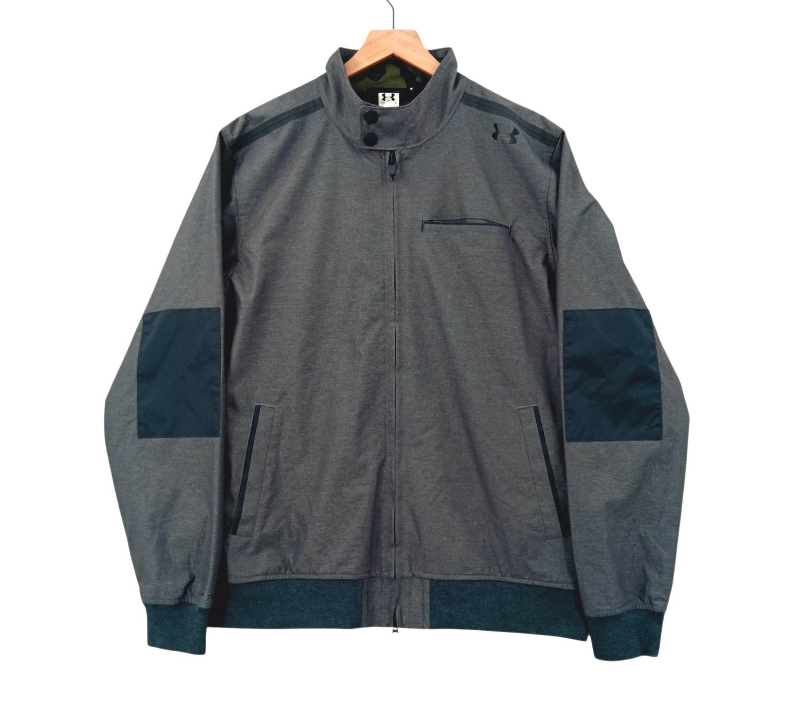Under Amour Storm Jacket Mens L Grey Full Zip Elbow Patch Green Lining Modern