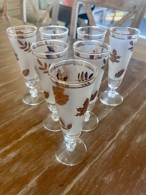 Vintage Libbey Gold Leaf Stemmed Pilsner Glasses Set Of 8 Great Condition 8.5 