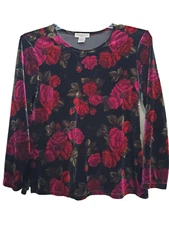 Notations Petite Vintage Velvet Black Floral Print Long Sleeve Blouse Size PL