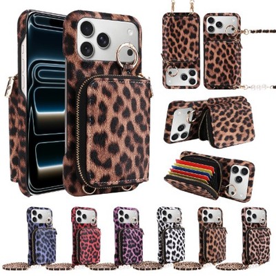 Leopard Crossbody Case für iPhone 17 16E 15 Pro Max 14 Pearl Strap Wallet Cover