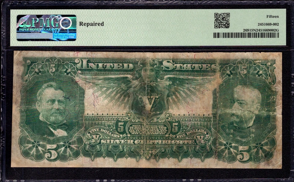 1896 $5 SILVER CERTIFICATE EDUCATIONAL NOTE FR.269 BRUCE ROBERTS PMG CHOICE F 15 - Image 2 of 4