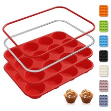 2 Pack 12 Cups Silicone Muffin Pan with Metal Reinforced Frame Regular Size Sili