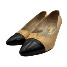 Chanel Pumps Coco Mark Bicolor Pointed Toe Beige Black Women's Size EU36/US6