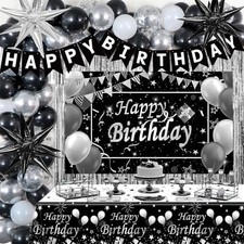 Black and Silver Birthday Decorations for Men Women Boys Girls 85PCS