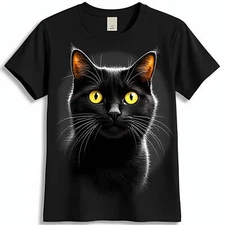 Artistic Black Cat Portrait T-Shirt with Striking Yellow Eyes Black Tee