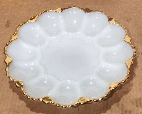 Vintage Anchor Hocking Milk Glass Deviled Egg Plate with Gold Trim