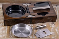 Compact Wooden Foldable Travel Cigar Ashtray Set with Cigar Cutter & Punch