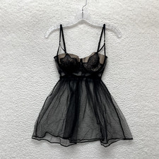 Victoria's Secret Babydoll Slip Dress 34C Small Black Sheer Mesh Underwire