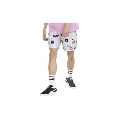 PUMA Men's Brand Love Allover Print 8'' Inseam Woven Shorts Puma White Size L