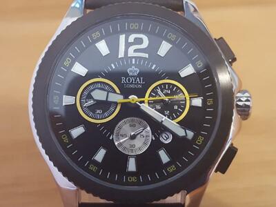 Herren Royal London schwarz Leder Multi-Zifferblatt Chrono Datum Herrenuhr 41154-02